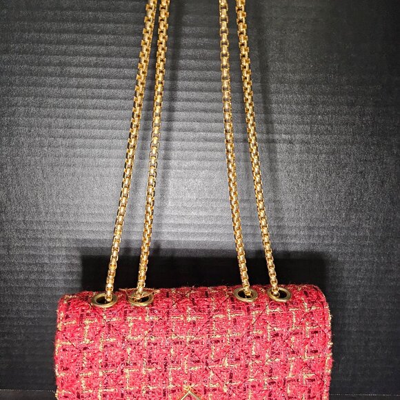 Small Red Burgundy Gold Black Square Tweed Fabric Messenger Crossbody Bag - Picture 7 of 10